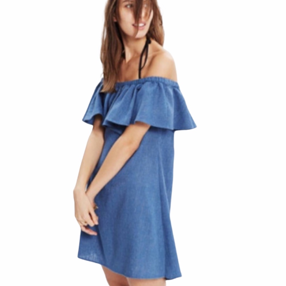 Madewell Women’s Denim Rio Off-The-Shoulder Ruffle Mini Dress Size S